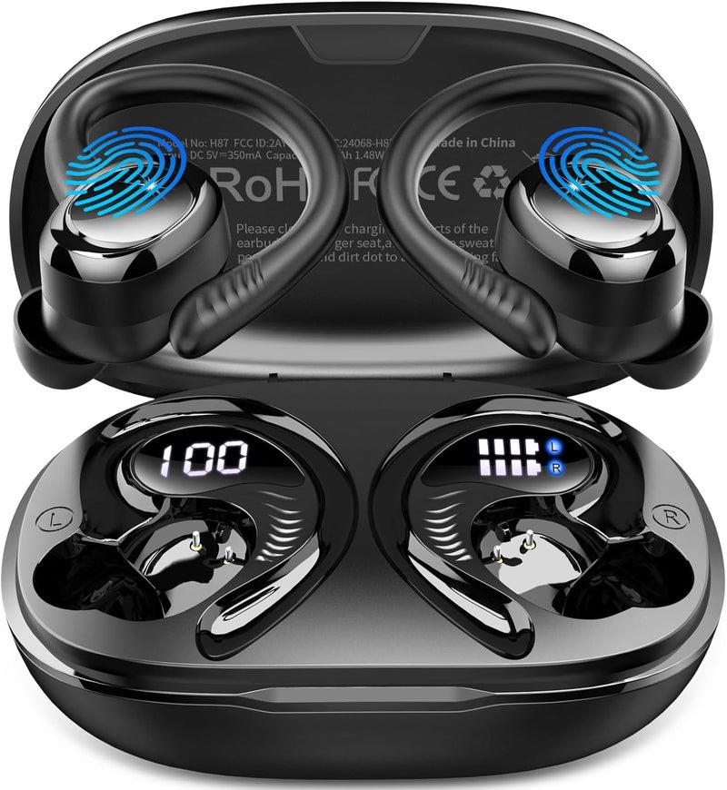 Hupoaf Wireless Earbuds Sport, New Bluetooth 5.4 Headphones with Earhooks, 50H Stereo Deep Bass Over Ear Buds with 4 ENC Noise Canceling Mics, IP7 Waterproof Earphones for Running Workout Gym -Black - Image 1